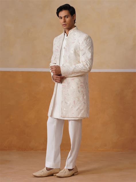 Cream Embroidered Mandarin Collar Achkan – Neumen