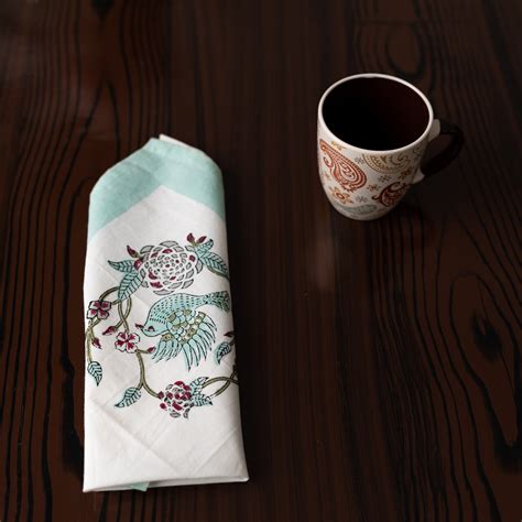 Cotton Napkin Light Green Red Bird Boota Block Print