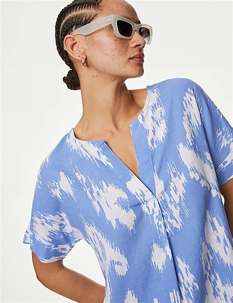 Buy Linen Rich Printed V-Neck Shift Dress at Marks & Spencer