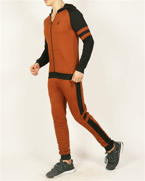 Rustic Brown Hooded Tracksuit with Black Contrast - Yogue Activewear