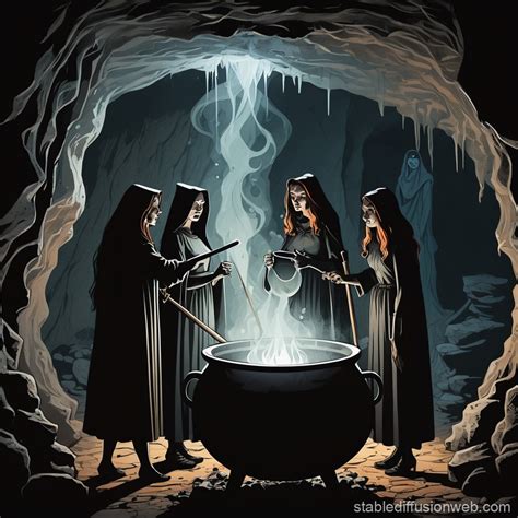 draw an image of macbeth and three witches inside a cave standing ...