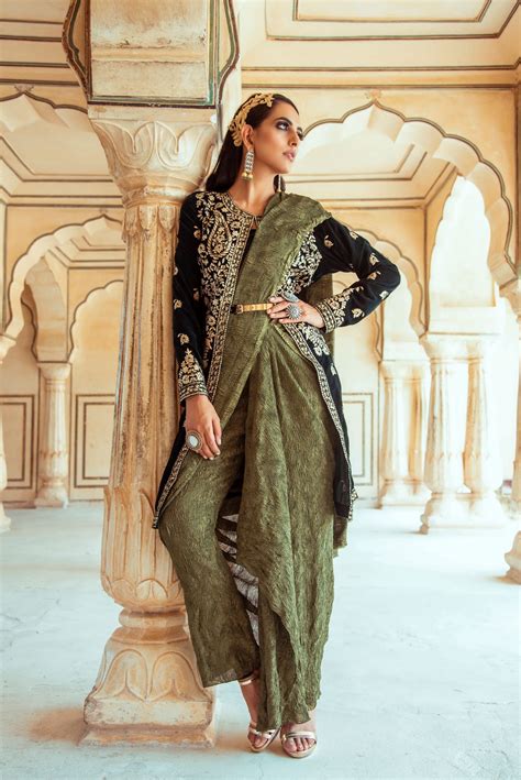 Dark Green Velvet Jacket and Saree Pant Set | Pallavi Jaipur