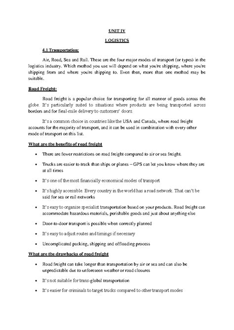 UNIT IV - Supply management notes - UNIT IV LOGISTICS 4 Transportation ...