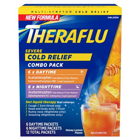 Theraflu Daytime + Nighttime Severe Cold Relief Combo Powder Packs, Honey Lemon, 12 CT