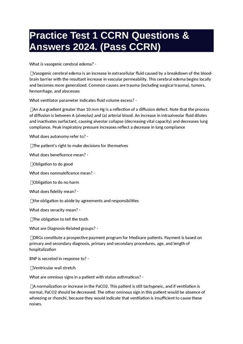Practice Test 1 CCRN Questions & Answers 2024. (Pass CCRN) | Exams ...