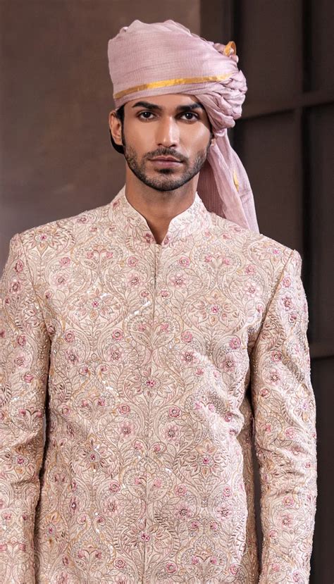 Shell Pink Foliage Sherwani - Shyamal & Bhumika