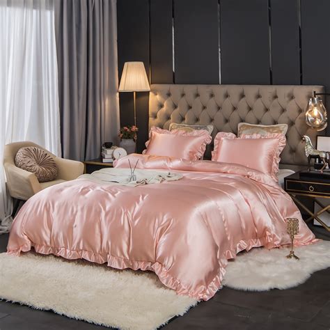 Romantic Ruffle Satin Silk Duvet Cover Queen Size Pink Luxury Solid ...