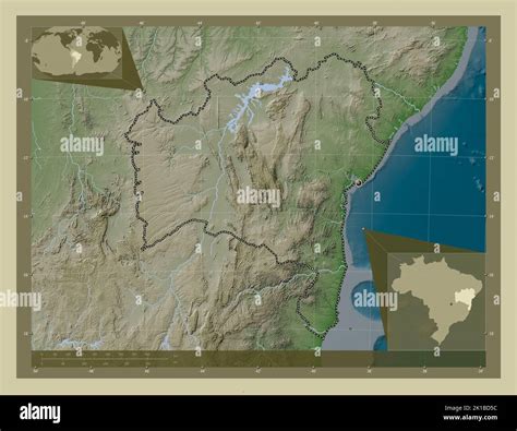 Bahia, state of Brazil. Elevation map colored in wiki style with lakes and rivers. Corner ...