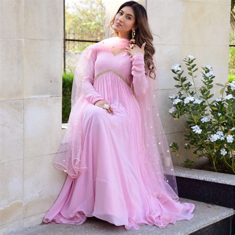 Buy Baby Pink Georgette Anarkali Long Dress Online | Lavanya The Label