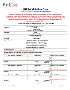HIPAA Violation Form - Blank Fillable Template | Fill Out, Print ...