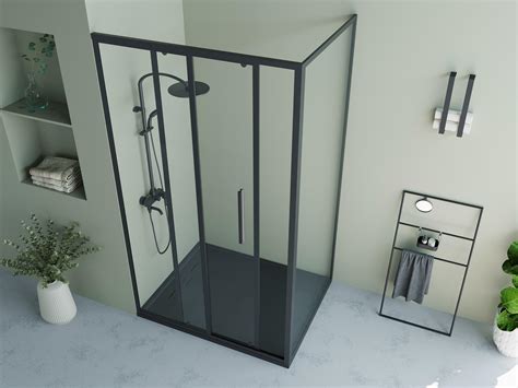 Parawan prysznicowy stały z drzwiami przesuwnymi- czarny mat - 120 x 80 ...