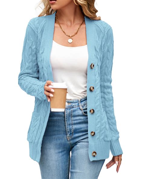 Women's Long Sleeve Cable Knit Sweater Open Front Cardigan Button Loose ...