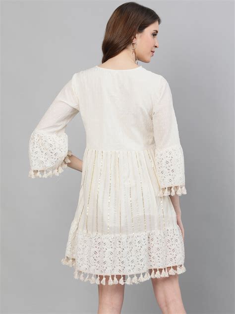 Buy Ishin Women's Cotton Off White Lurex Embellished A-Line Dress Online