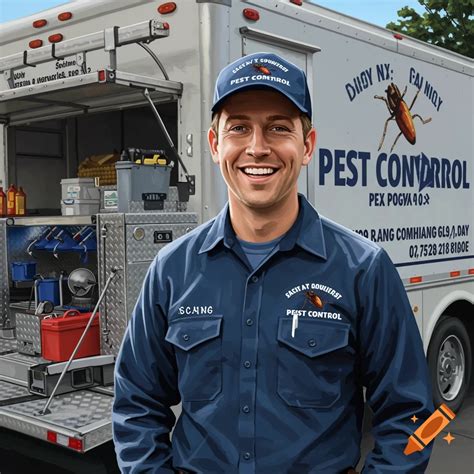 Pest control technician in blue uniform standing by truck on Craiyon