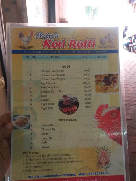 Menu at Shetty's Kori Rotti, Mangaluru