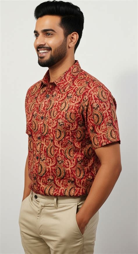 Rust Red Kalamkari Paisley Shirt for Men | Entimessi