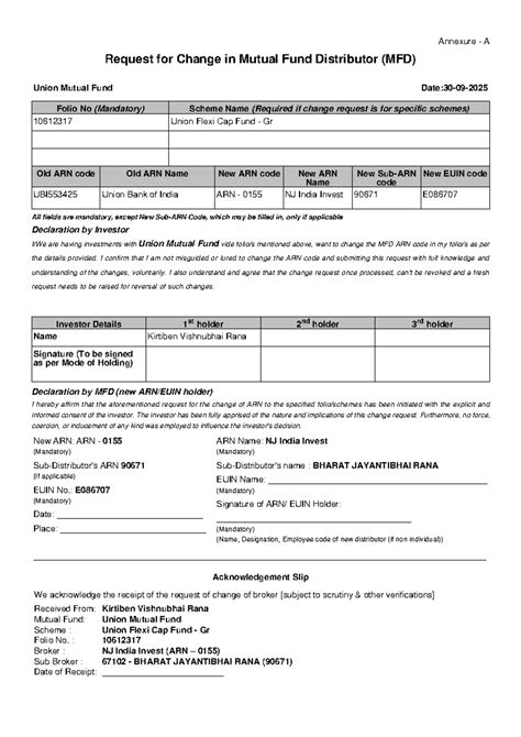 Annexure A: Request for Change in MFD ARN - Union Mutual Fund - Studocu
