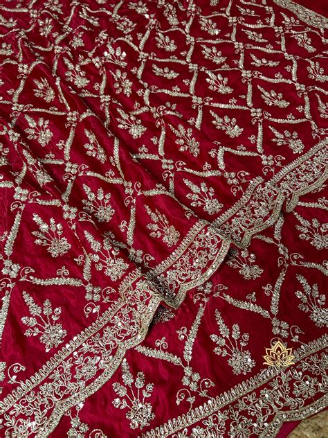Calcutta Red Aari Zardozi Handwork Satin Silk Saree – Zilikaa
