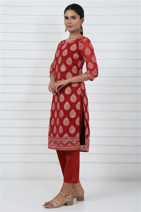 Buy Red Abstract Printed Mirror Work Organza Straight Kurta Online for ...