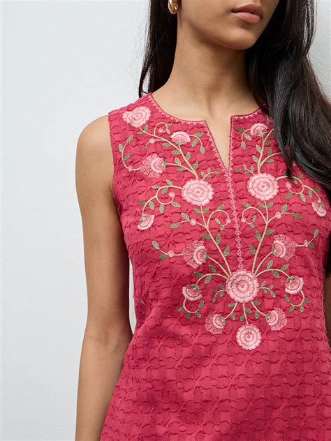 Buy Utsa Pink Floral Embroidered Cotton A-Line Kurta from Westside