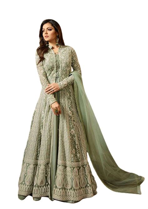 Miss Ethnik Women's Light Green Embroidered Flared Gown 945-Light Green ...