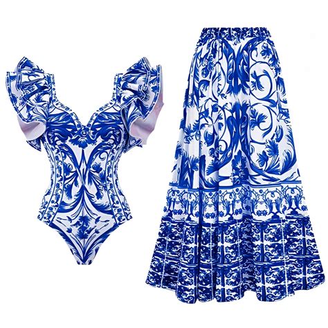 Paros Blue Floral Pattern Ruffle Trim One Piece Swimsuit & Cover Skirt ...