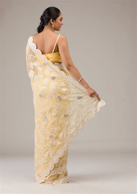 Buy Yellow Threadwork Organza Saree - Koskii