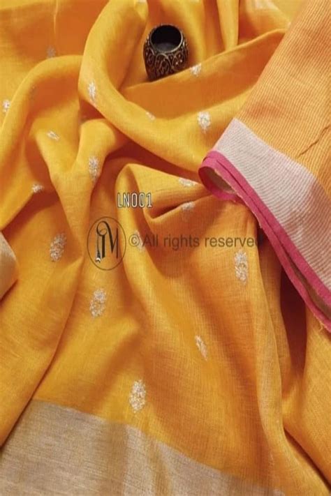 Mustard Yellow Embroidered Linen Saree | Linen World