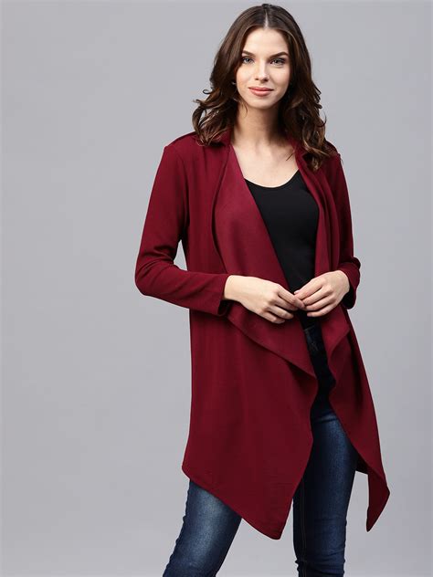 Athena Maroon Solid Longline Waterfall Front Open Long Sleeves Shrug ...
