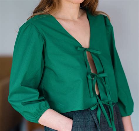 Buy HANDMADE TO ORDER Long Sleeve Bow Tie Crop Top Sewn to Order Navy ...