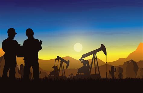 Fundo de silhuetas de indústria de plataforma de petróleo. | Vetor Premium
