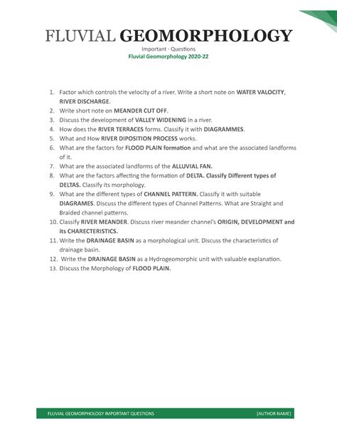 Fluvial geomorphology - FLUVIAL GEOMORPHOLOGY Important · Questions ...