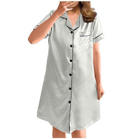 Npasoilc Nightshirts For Women Button Down Sleepshirt Silk Short Sleeve ...