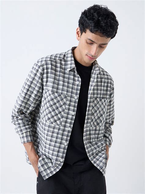 Buy Nuon Off-White Checkered Pattern Relaxed-Fit Cotton Shirt from Westside