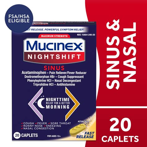 Mucinex Nightshift Sinus Medicine, OTC Fever Reducer, Cough Suppressant ...