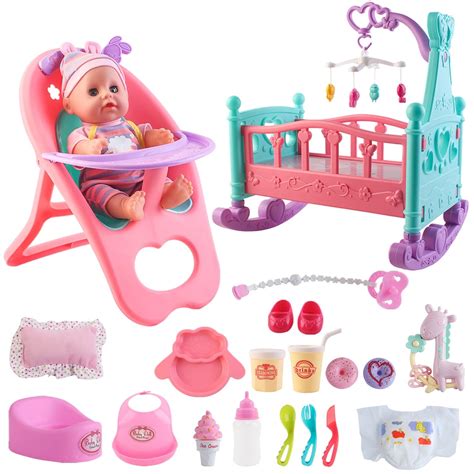deAO Baby Doll Set with Crib Mobile High Chair Stroller Feeding ...