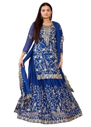 Buy Women's Royal Blue Net Anarkali Suit with Gold Embroidery, 3/4 ...