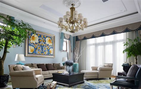 气质淡蓝色美式风格客厅装修实景图-房天下装修效果图
