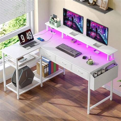 L Shaped Desk With Storage Drawers, 47 Inch Gaming Desk With Shelves ...