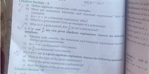Creative Section - A a) Define algebraic expressions with examples. b) W..