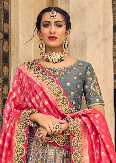 COIN GRAY EMBROIDERED PREMIUM SILK LEHENGA – zarikaariindia.com