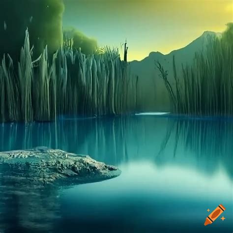 Prehistoric landscape with ancient trees and lakes on Craiyon