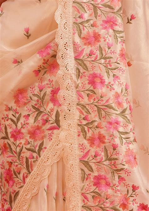 Buy Peach Threadwork Tissue Saree - Koskii