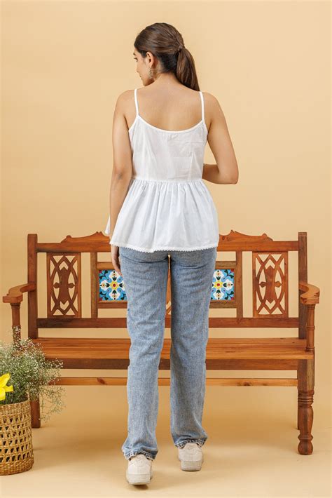 White Spaghetti Strap Peplum Top - Tilohri