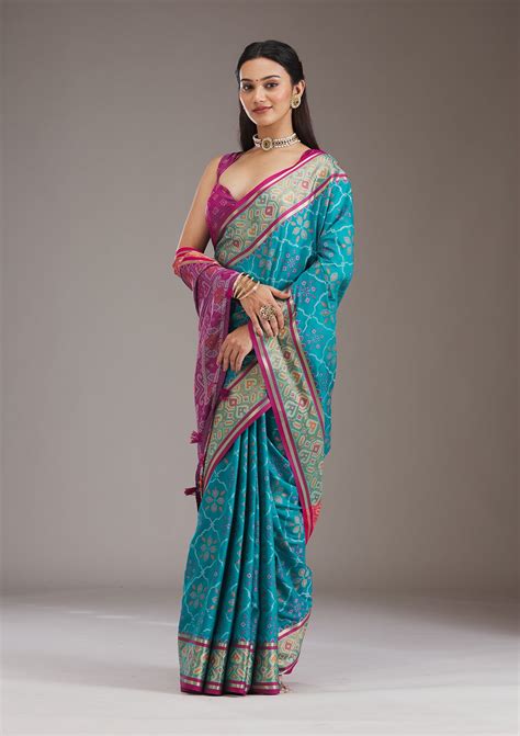 Buy Turquoise Blue Threadwork Art Silk Saree - Koskii