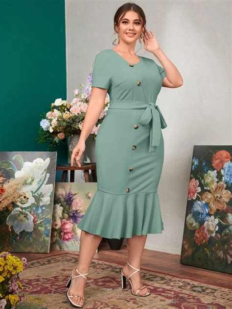 SHEIN Clasi mais Vestido com cinto botão frontal bainha de sereia ...