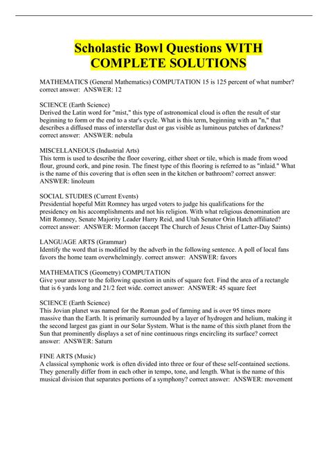 Scholastic Bowl Questions WITH COMPLETE SOLUTIONS - Scholastic - Stuvia US