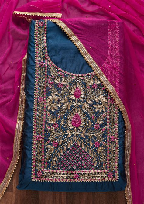 Buy Peacock Blue Gotapatti Raw Silk Unstitched Salwar Suit - Koskii