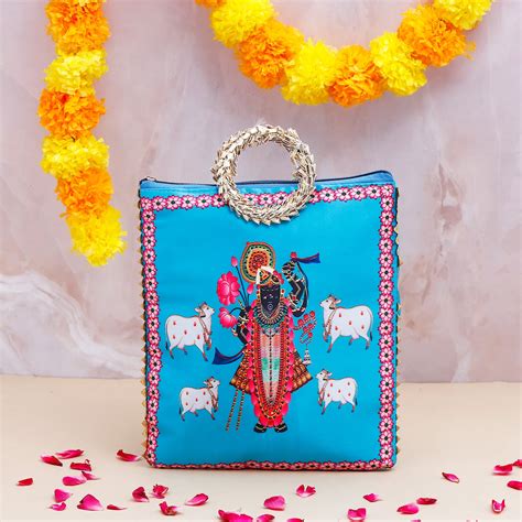 Shree Narayan Ethnic Handcrafted Zip Up Fabric Bag - Blue