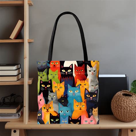 Cats Canvas Tote Bag, Colorful All Over Print Shoulder Bag, Cat Lovers ...